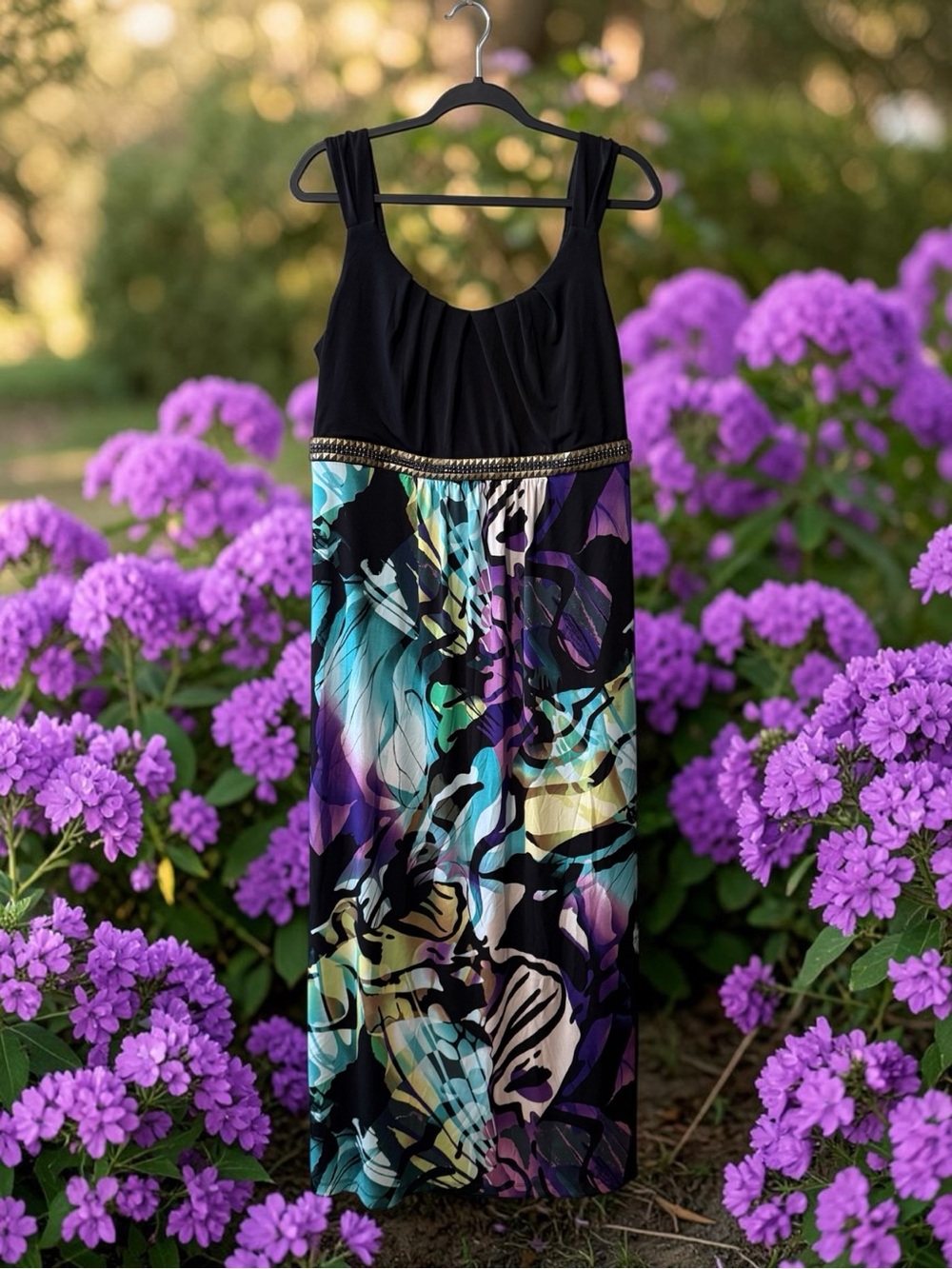 Roz & Ali Black Maxi Dress with Teal, Purple & Yellow Abstract Print
